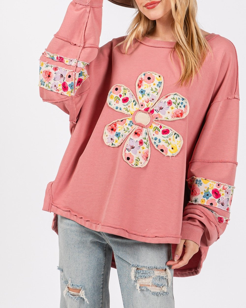Ditsy Floral Daisy Patch Oversized Sweatshirt - Pink