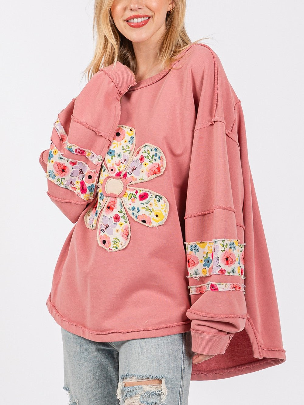 Ditsy Floral Daisy Patch Oversized Sweatshirt - Pink - 1