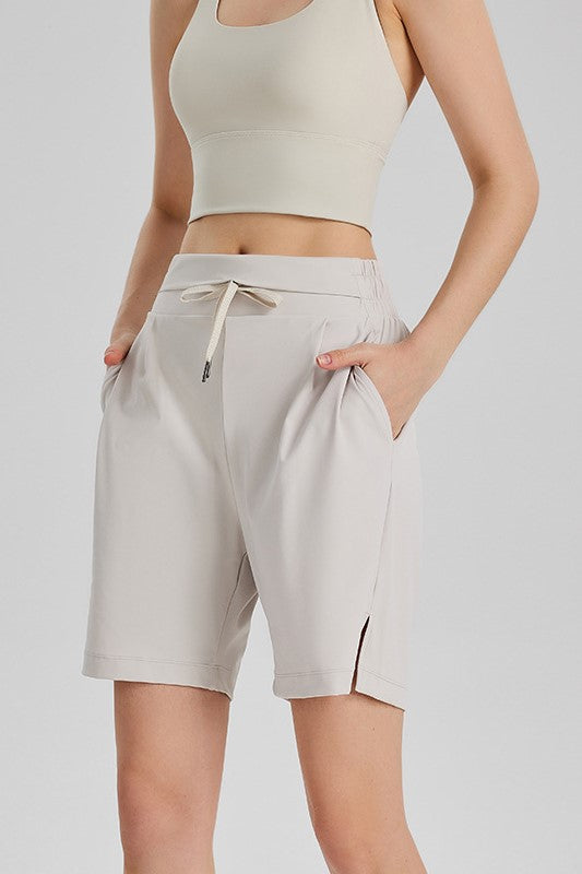 Drawstring Bermuda Athletic Shorts With Pockets - Ivory - 2