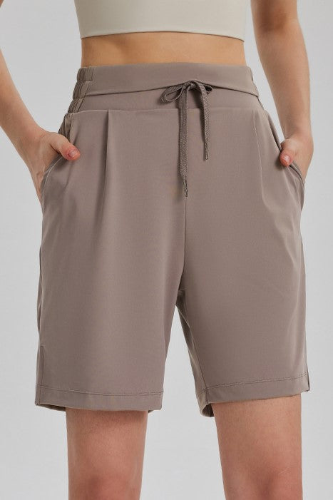 Drawstring Bermuda Athletic Shorts With Pockets - Taupe - 1