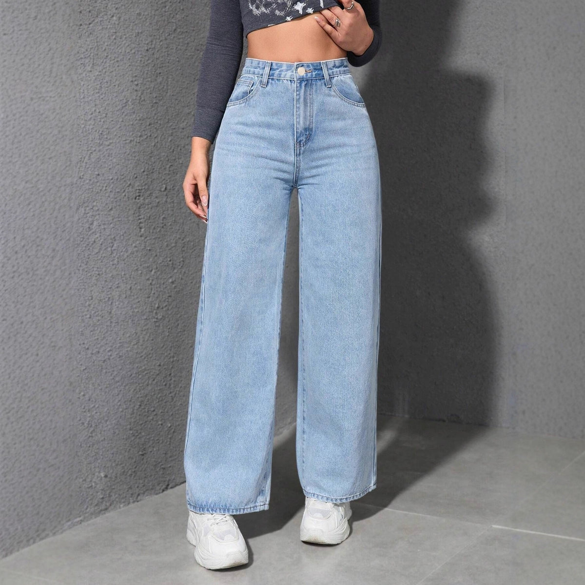 High Rise Rigid Denim Wide Straight Leg Jeans
