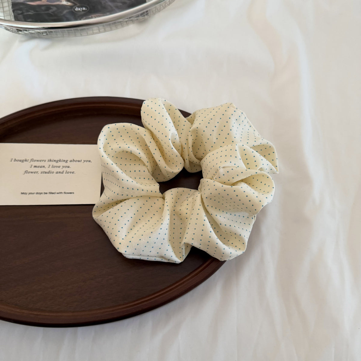 Oversized Pin Dot Retro Hair Scrunchie - Beige