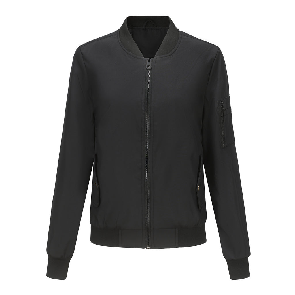 Zip Front Bomber Jacket With Sleeve Pocket - Black