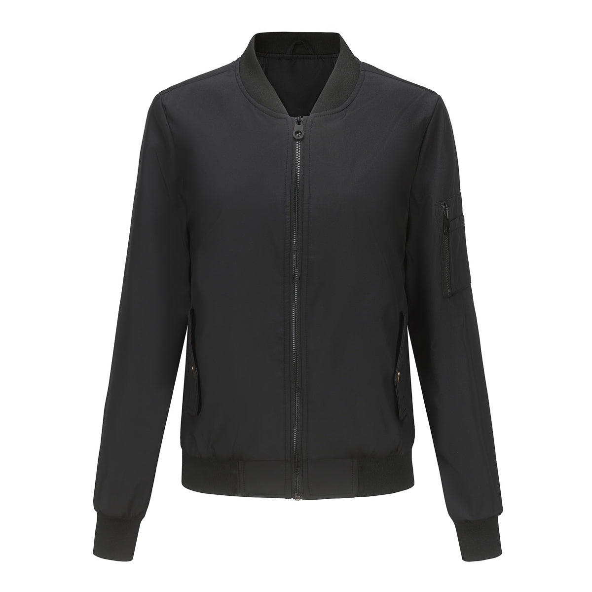 Zip Front Bomber Jacket With Sleeve Pocket - Black
