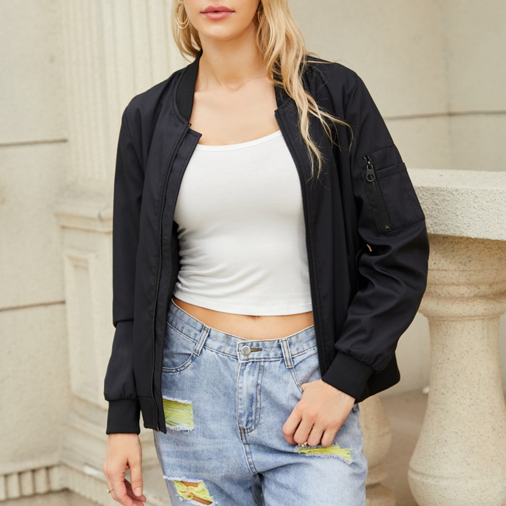 Zip Front Bomber Jacket With Sleeve Pocket - Black - 1