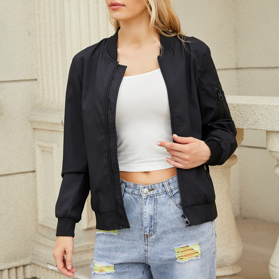 Zip Front Bomber Jacket With Sleeve Pocket - Black - 2