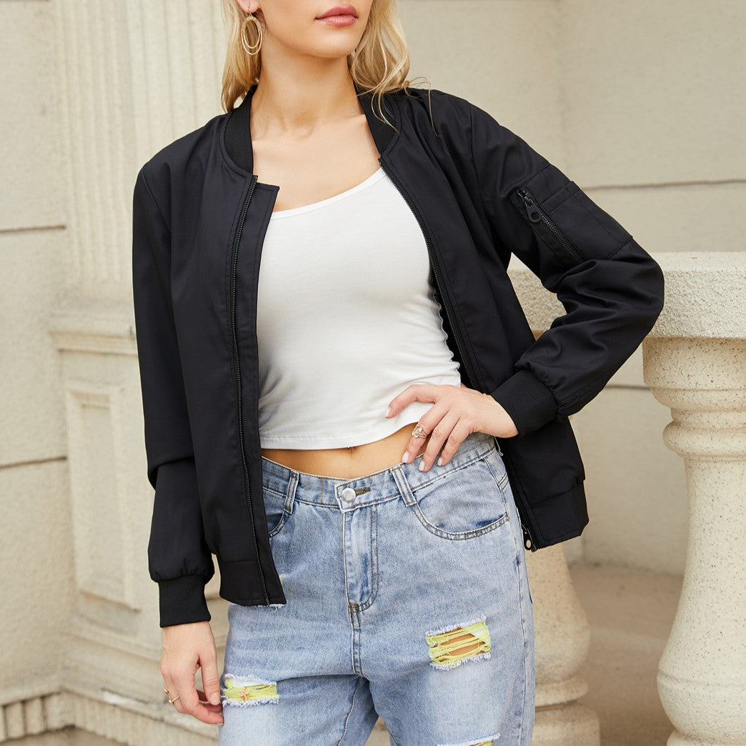 Zip Front Bomber Jacket With Sleeve Pocket - Black - 3