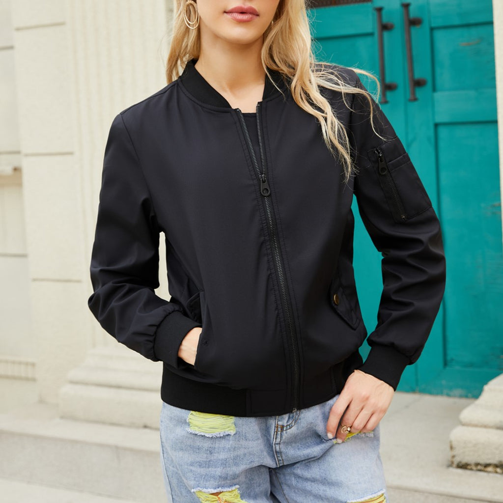 Zip Front Bomber Jacket With Sleeve Pocket - Black - 4
