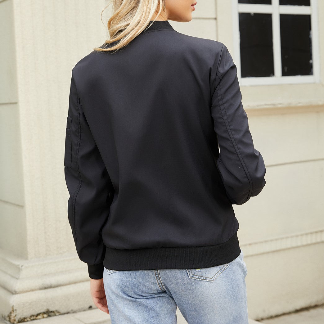 Zip Front Bomber Jacket With Sleeve Pocket - Black - 7