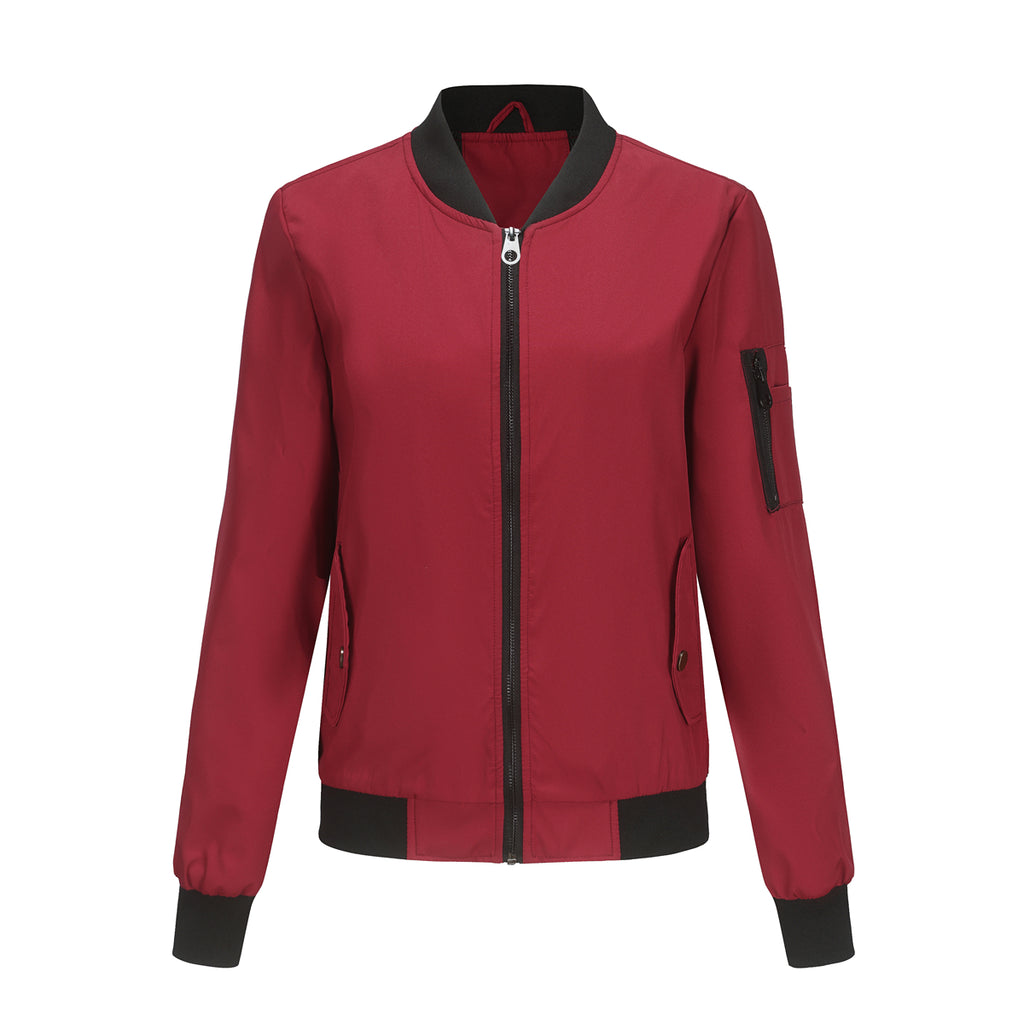 Zip Front Bomber Jacket With Sleeve Pocket - Burgundy