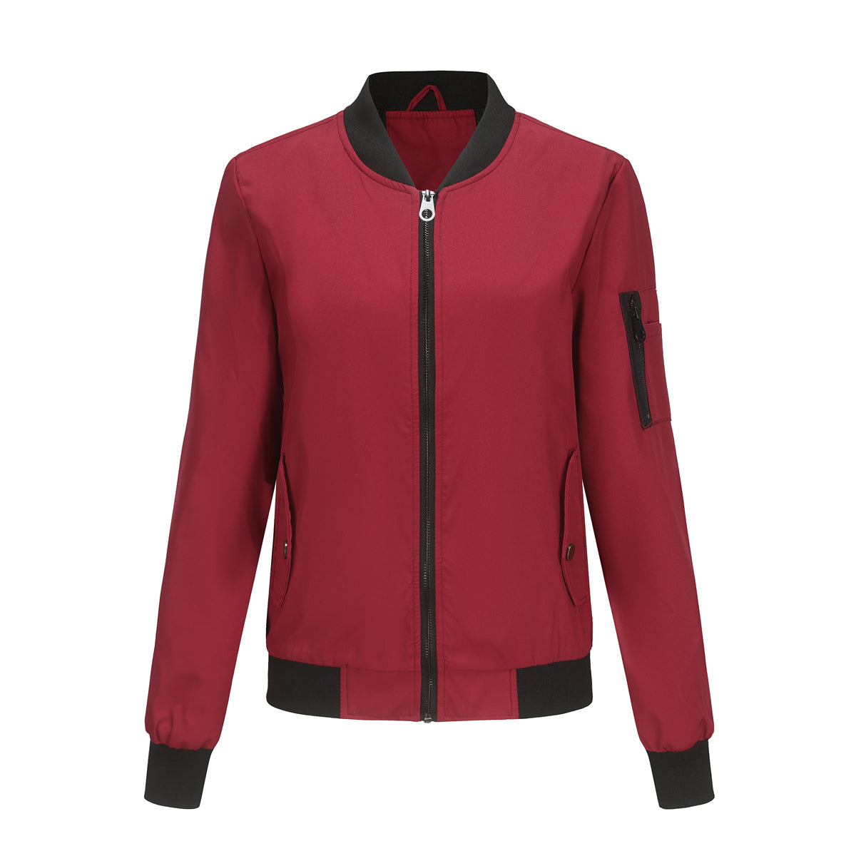 Zip Front Bomber Jacket With Sleeve Pocket - Burgundy