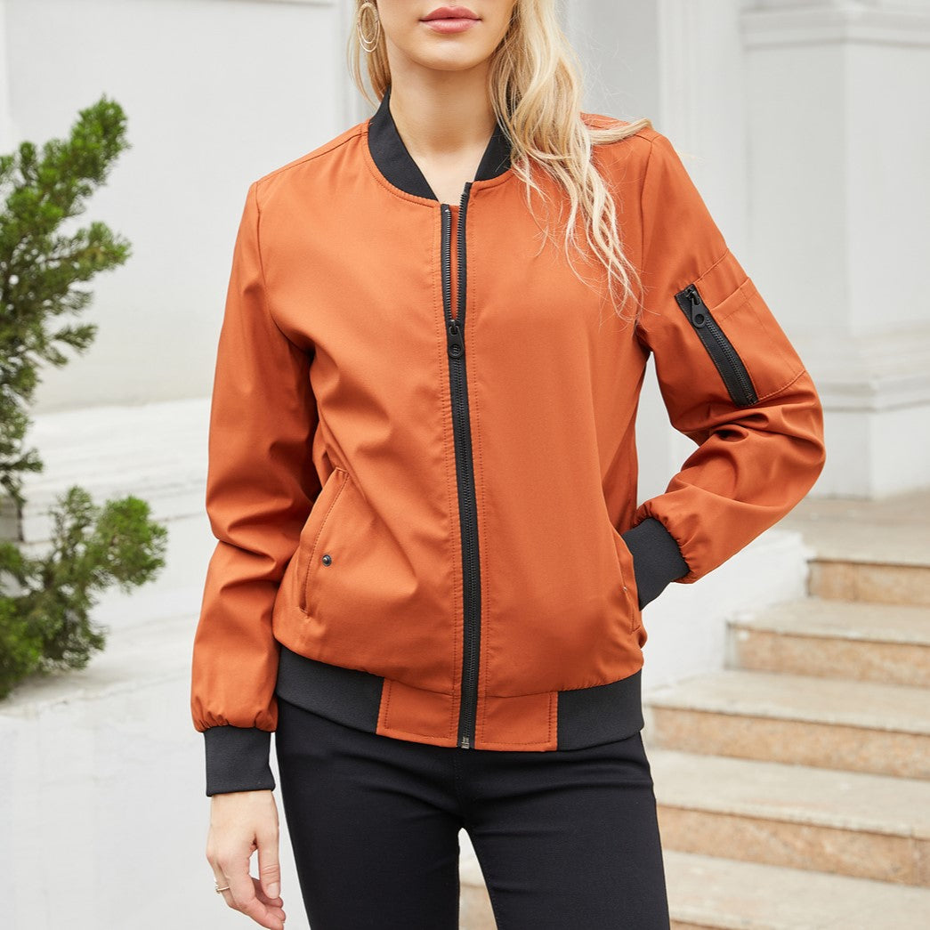 Zip Front Bomber Jacket With Sleeve Pocket - Caramel