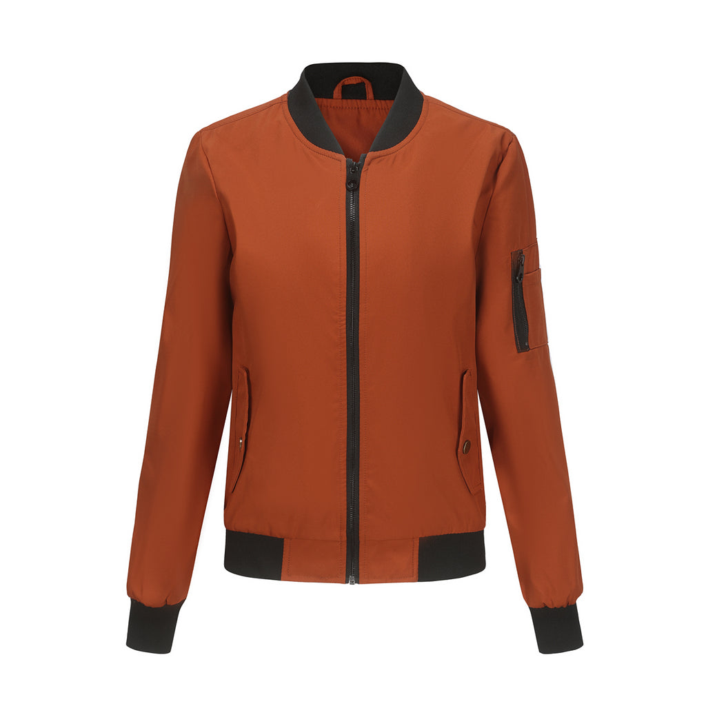 Zip Front Bomber Jacket With Sleeve Pocket - Caramel - 1