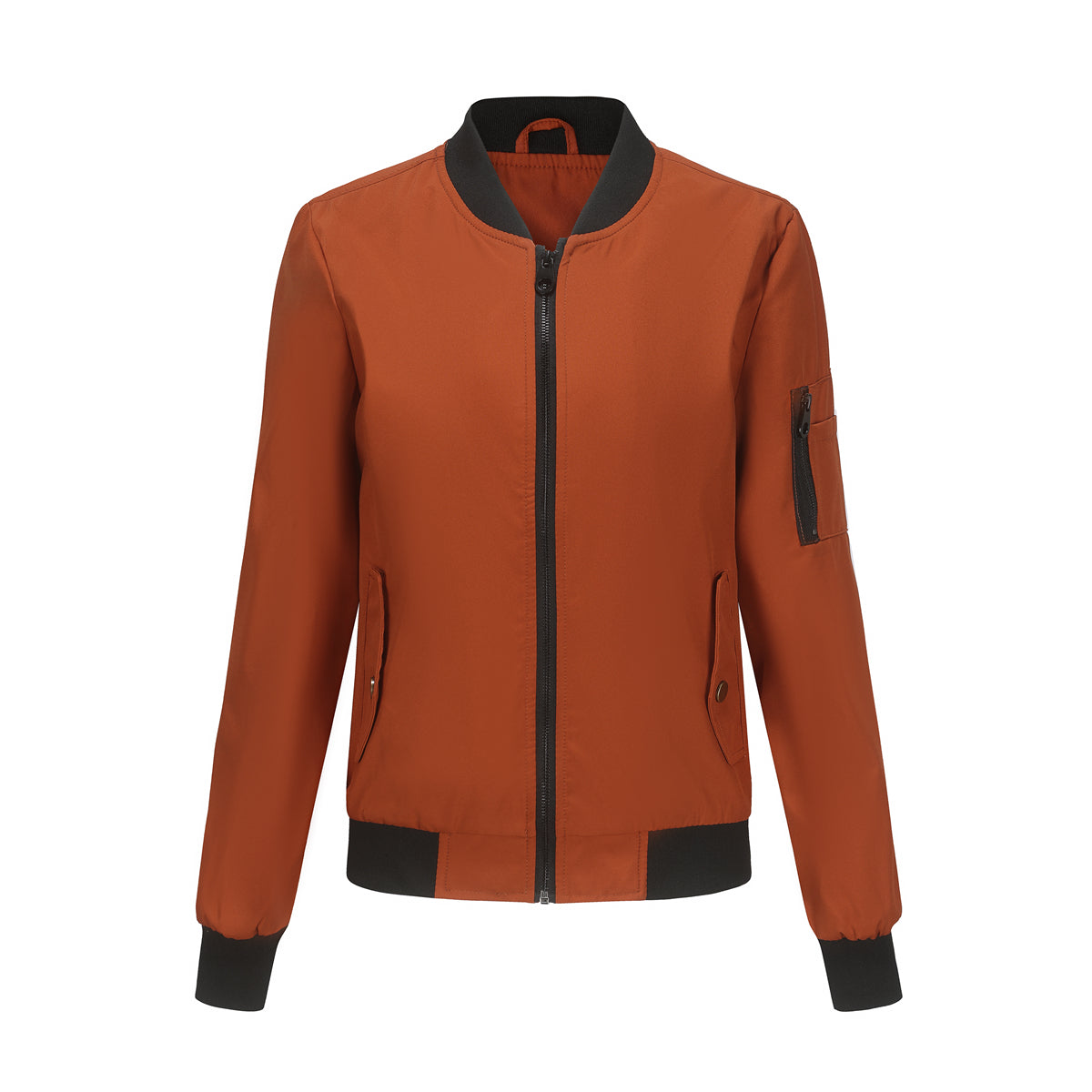 Zip Front Bomber Jacket With Sleeve Pocket - Caramel - 1