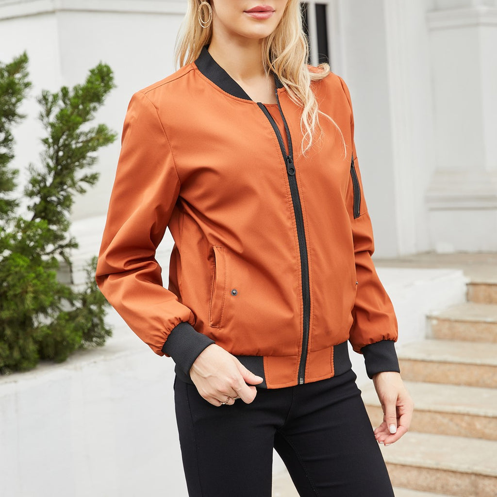 Zip Front Bomber Jacket With Sleeve Pocket - Caramel - 7