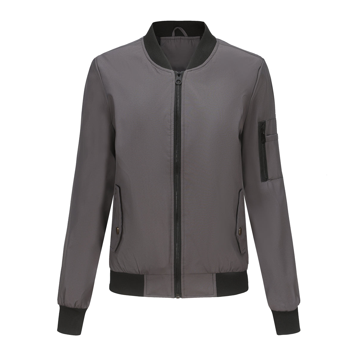 Zip Front Bomber Jacket With Sleeve Pocket - Grey