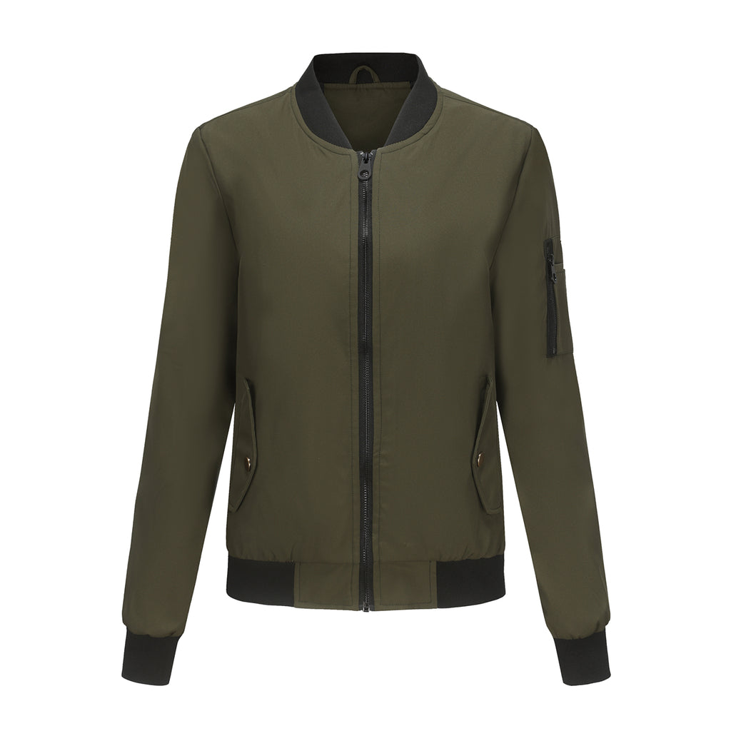 Zip Front Bomber Jacket With Sleeve Pocket - Olive