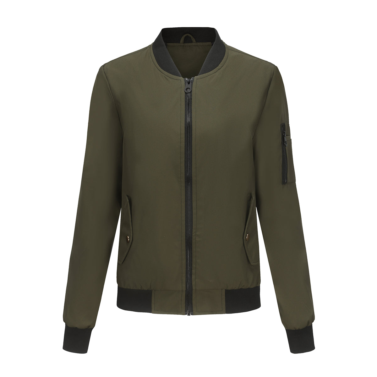 Zip Front Bomber Jacket With Sleeve Pocket - Olive