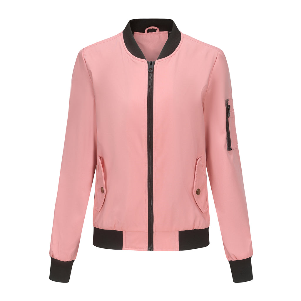 Zip Front Bomber Jacket With Sleeve Pocket - Pink