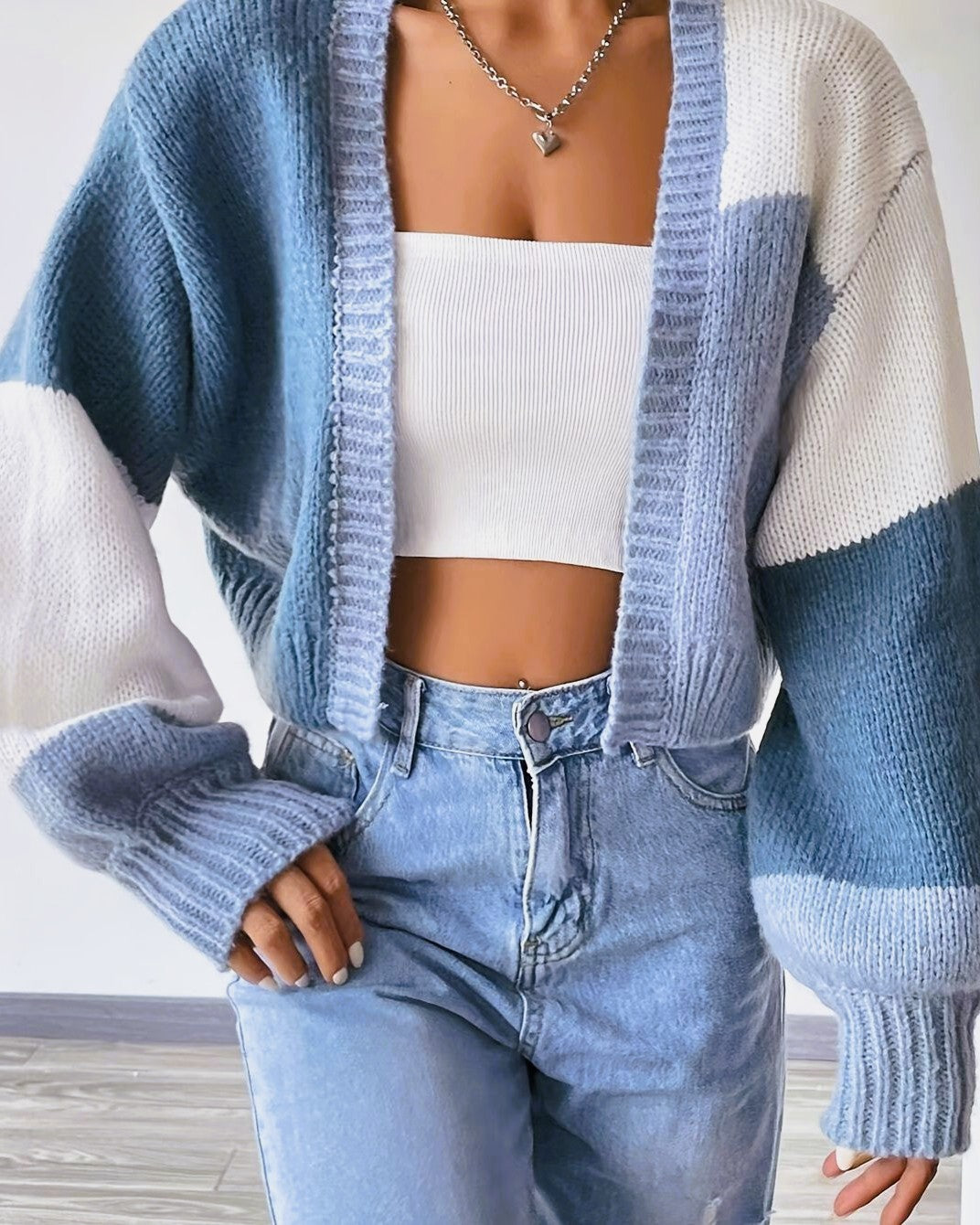 Colorblock Open Front Cropped Knit Cardigan - Blue - 1