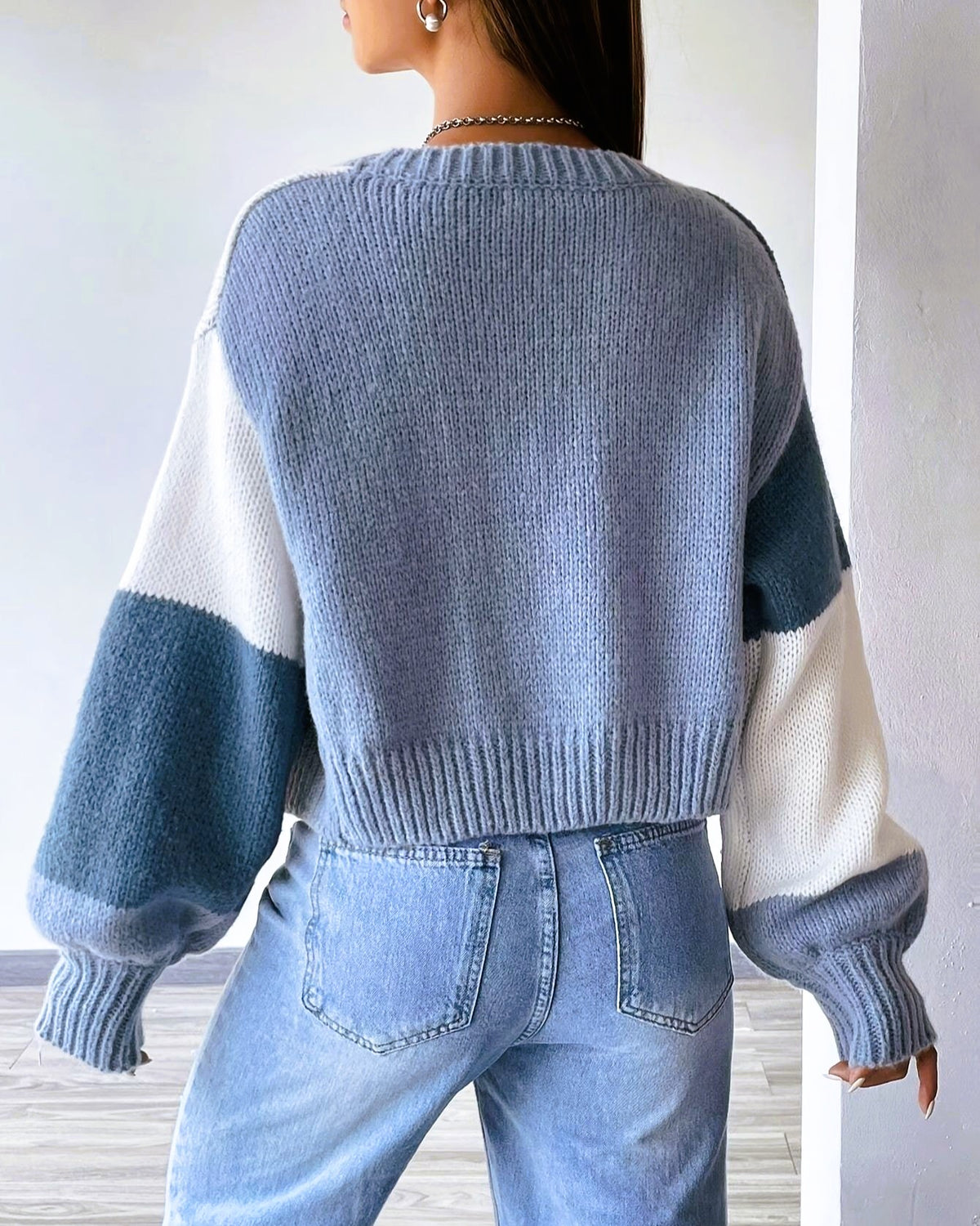 Colorblock Open Front Cropped Knit Cardigan - Blue - 2