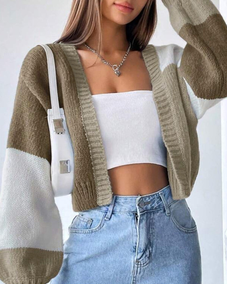 Colorblock Open Front Cropped Knit Cardigan - Brown