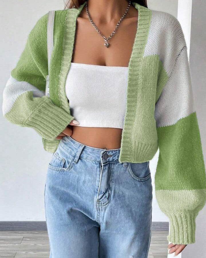 Colorblock Open Front Cropped Knit Cardigan - Green