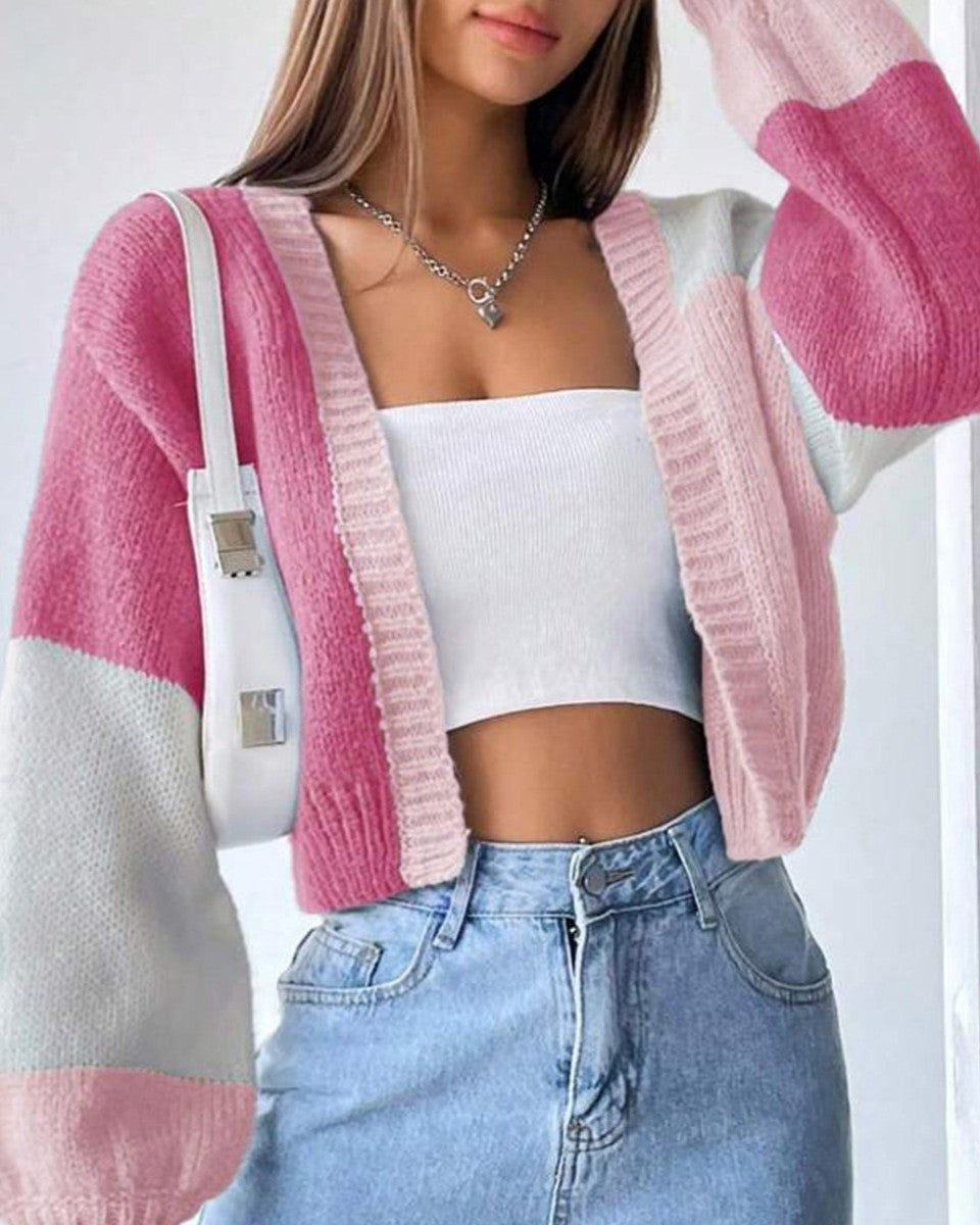 Colorblock Open Front Cropped Knit Cardigan - Pink