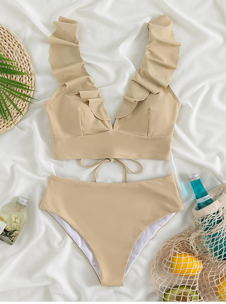 Ruffle Shoulder V-Neck High Waist Bikini Set - Apricot - 1
