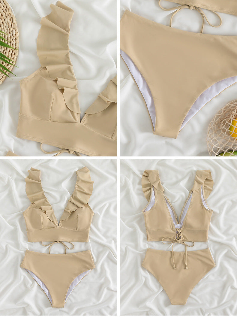 Ruffle Shoulder V-Neck High Waist Bikini Set - Apricot - 2