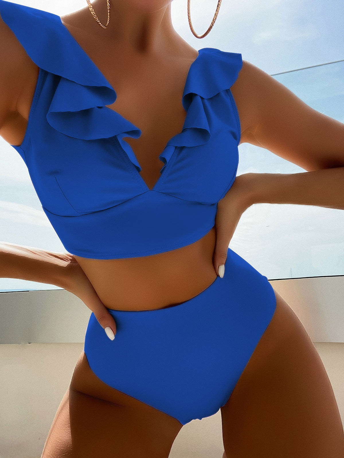 Ruffle Shoulder V-Neck High Waist Bikini Set - Blue