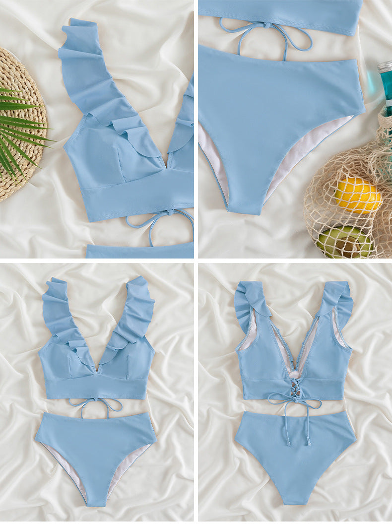 Ruffle Shoulder V-Neck High Waist Bikini Set - Sky Blue - 1
