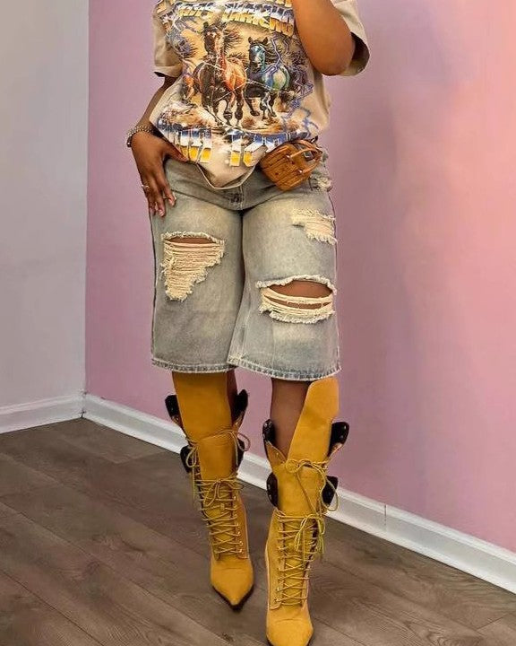 Distressed Baggy Knee Length Denim Shorts - Blue