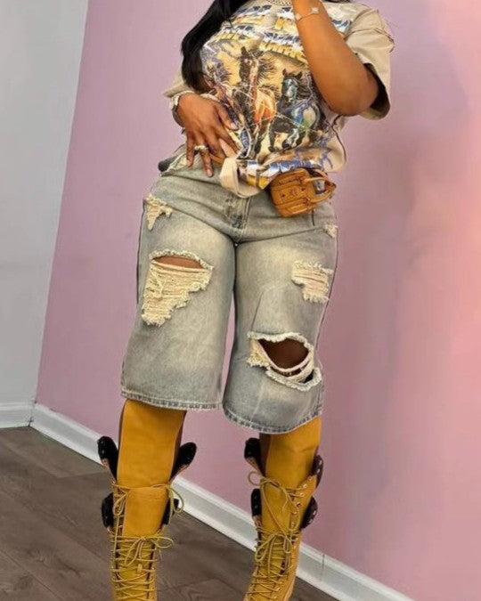Distressed Baggy Knee Length Denim Shorts - Blue - 1