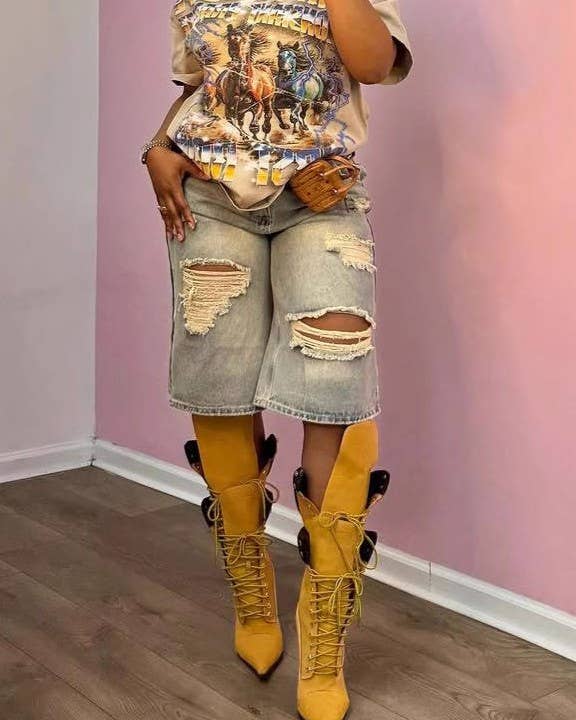 Distressed Baggy Knee Length Denim Shorts
