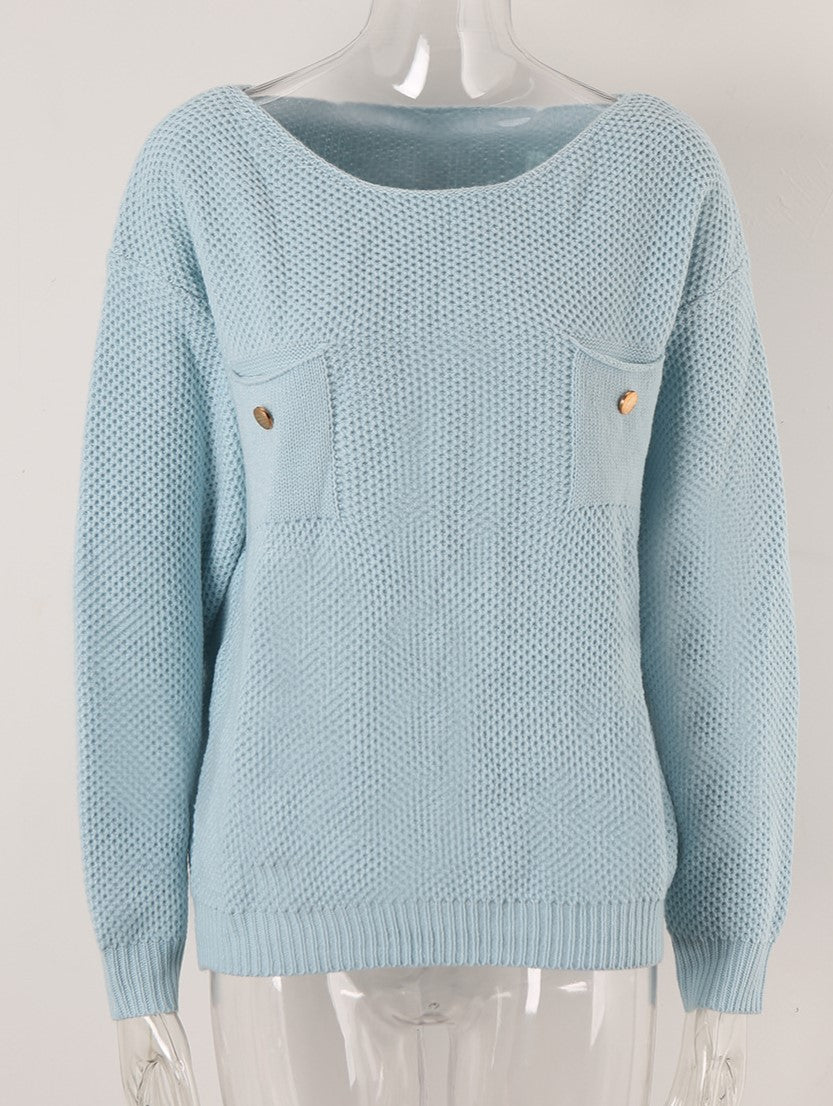 Patch Pocket Wide Neck Knit Sweater - Blue - 2