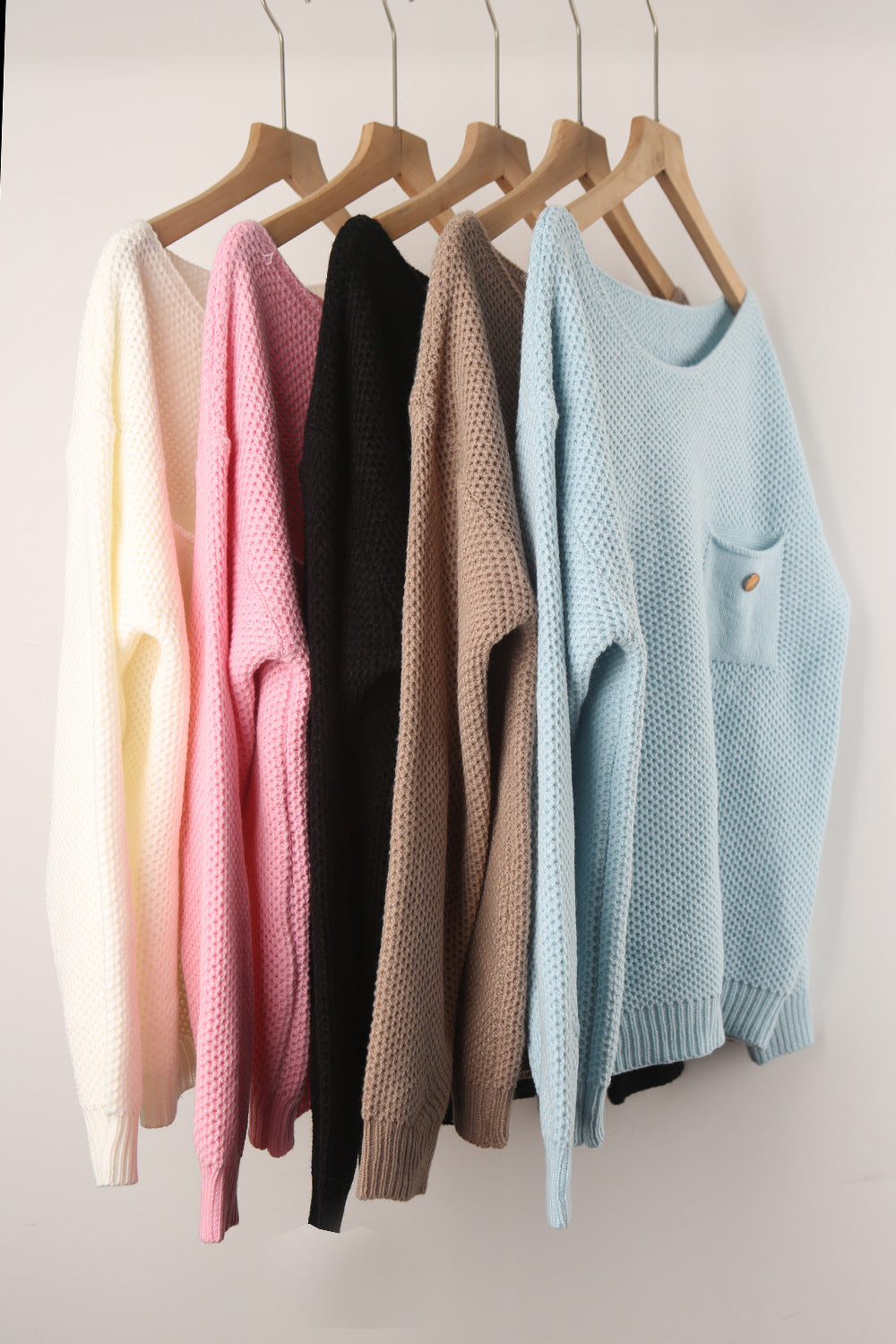 Patch Pocket Wide Neck Knit Sweater - Blue - 3