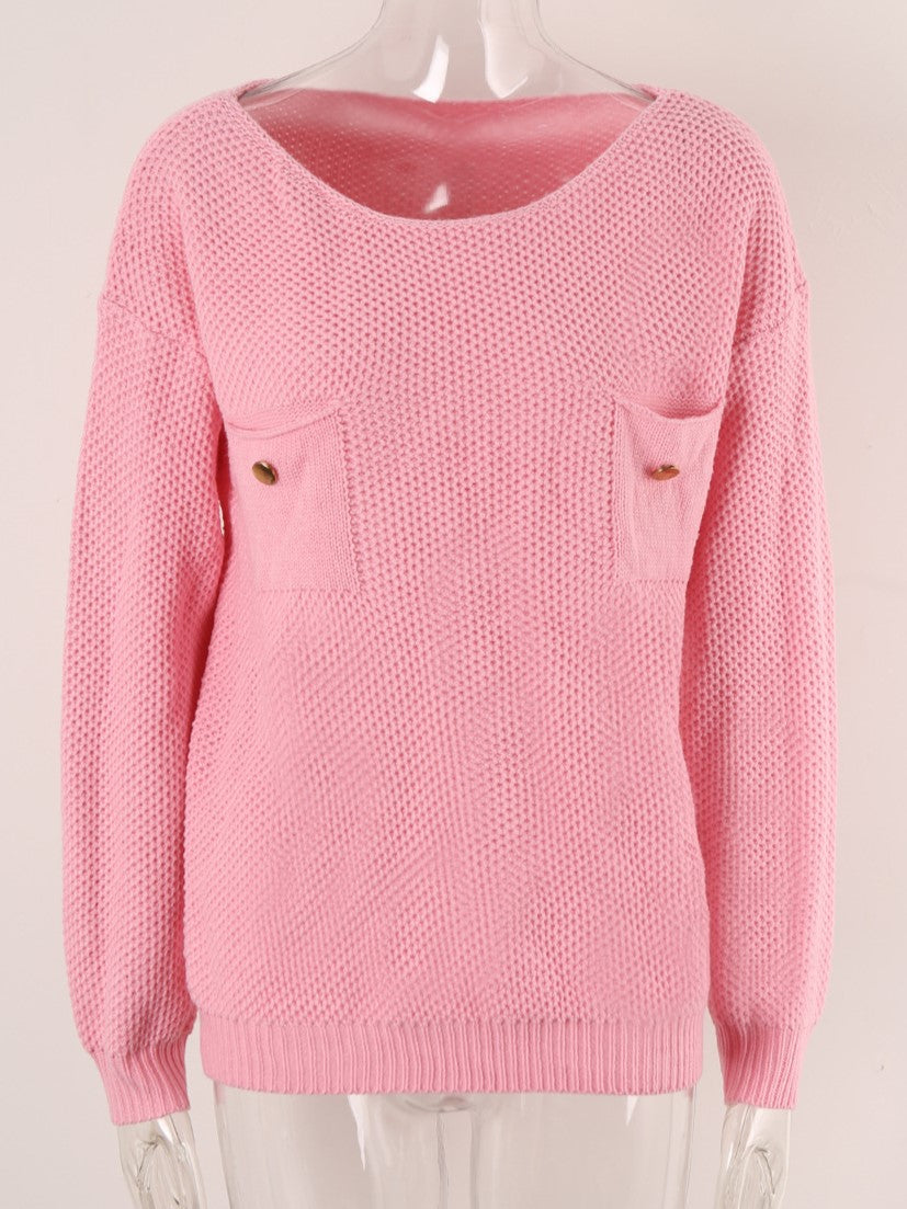 Patch Pocket Wide Neck Knit Sweater - Pink - 2