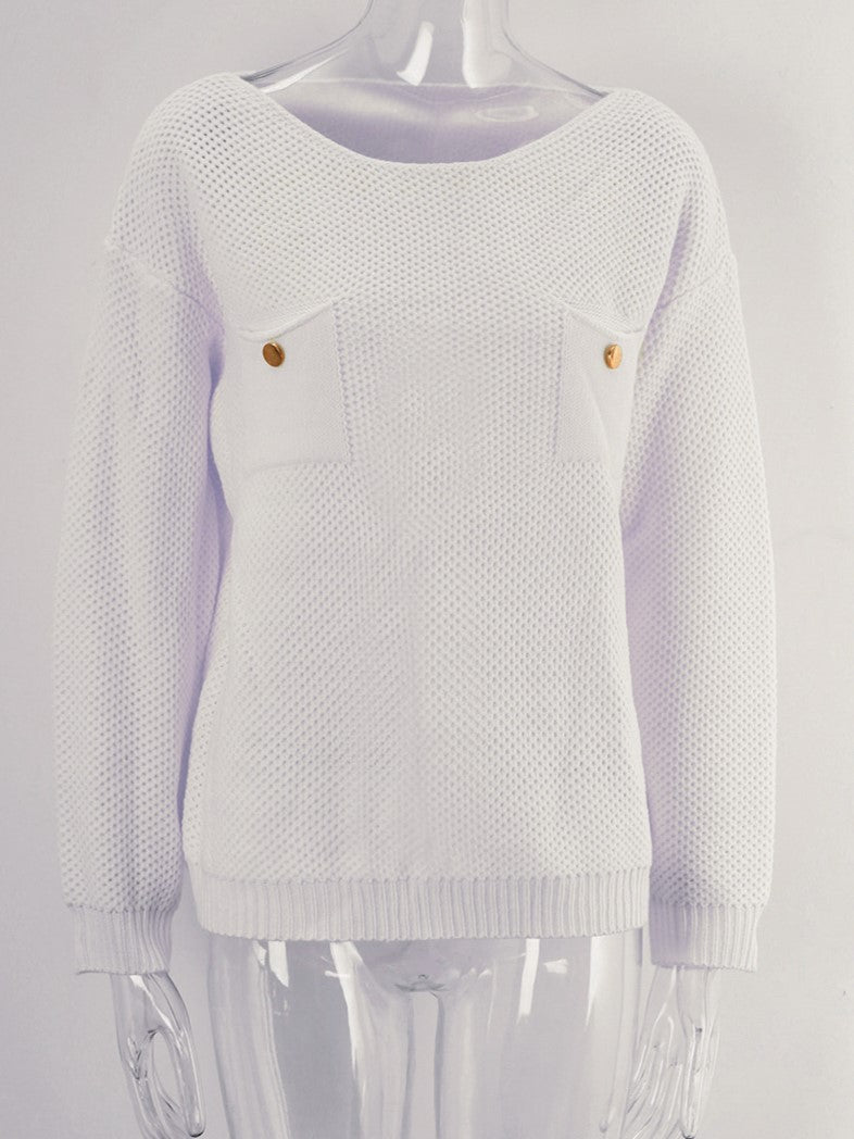 Patch Pocket Wide Neck Knit Sweater - White - 2