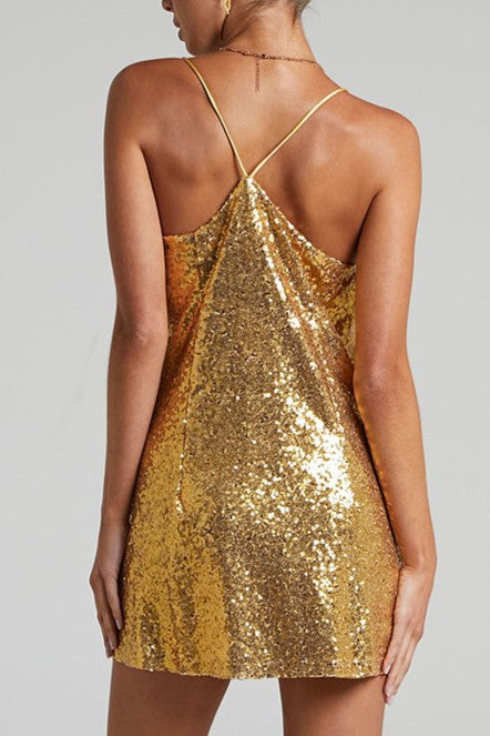 Sequin Slip Mini Dress With Strappy Back - Gold - 2