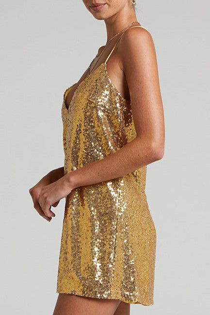 Sequin Slip Mini Dress With Strappy Back - Gold - 3