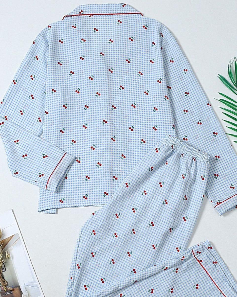 Printed Notch Collar Button Front Pajama Set - view 1