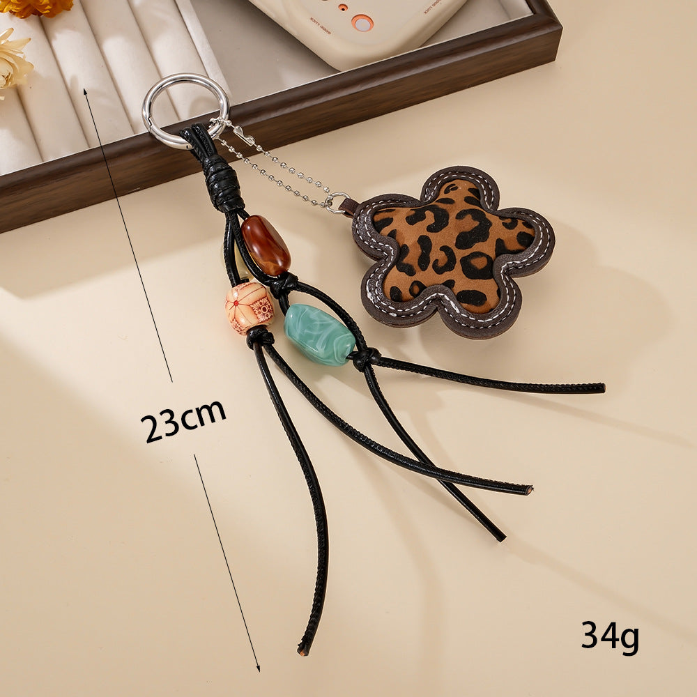 Boho Leopard Flower Beaded Tassel Bag Charm - Black