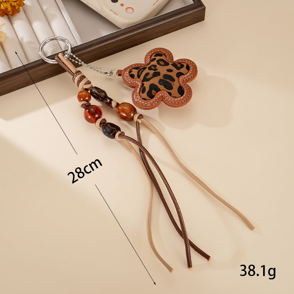 Boho Leopard Flower Beaded Tassel Bag Charm - Brown