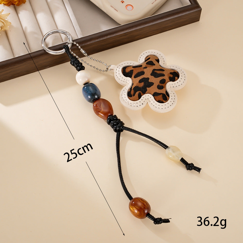 Boho Leopard Flower Beaded Tassel Bag Charm - White