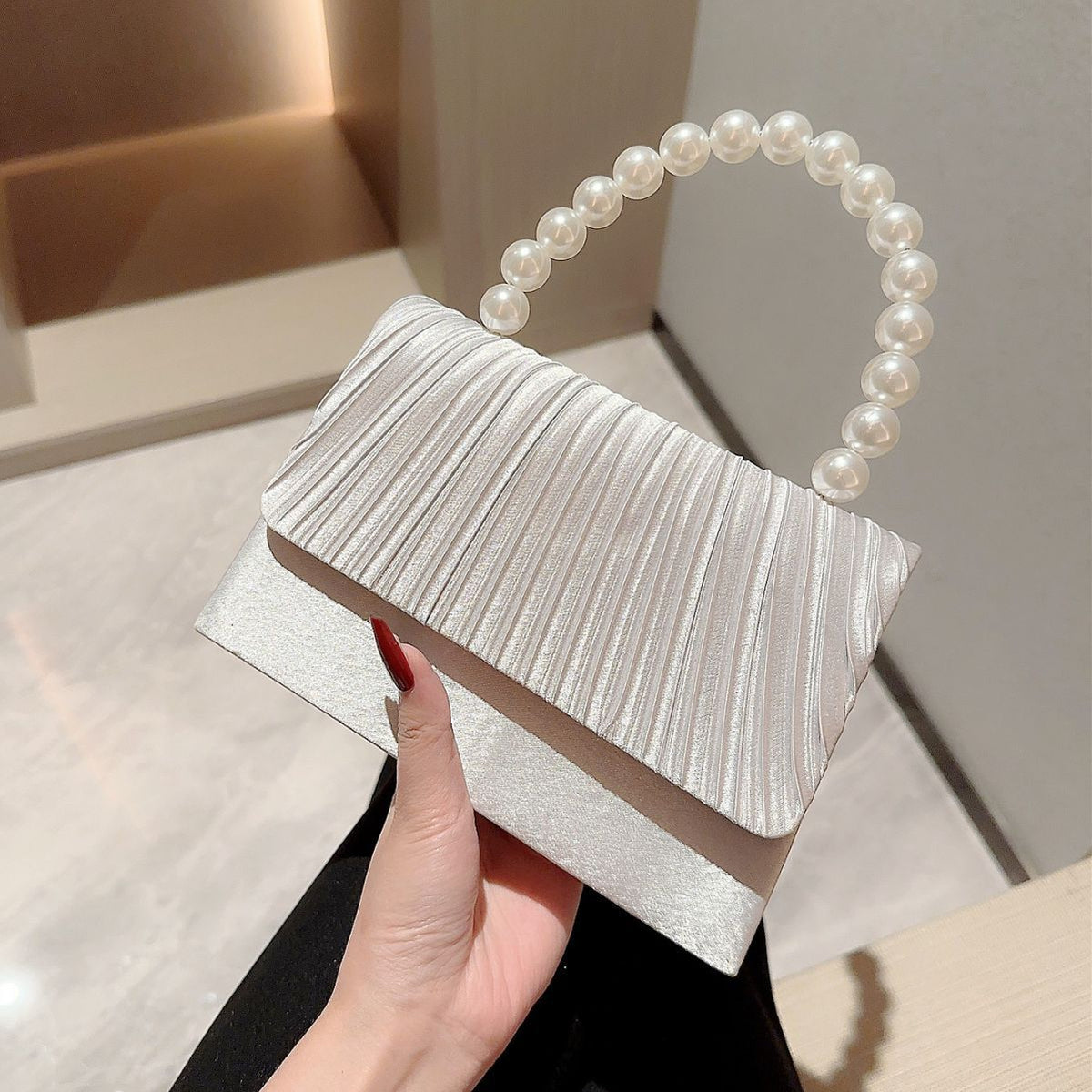 Pearl Handle Pleated Satin Evening Bag - Silver