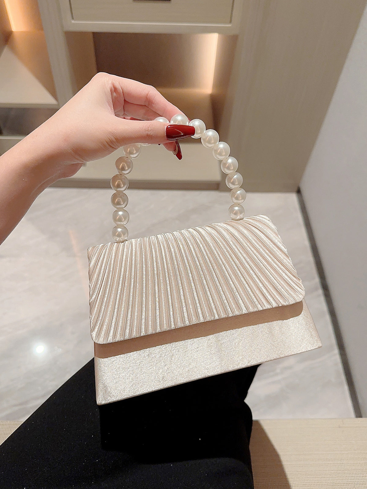 Pearl Handle Pleated Satin Evening Bag