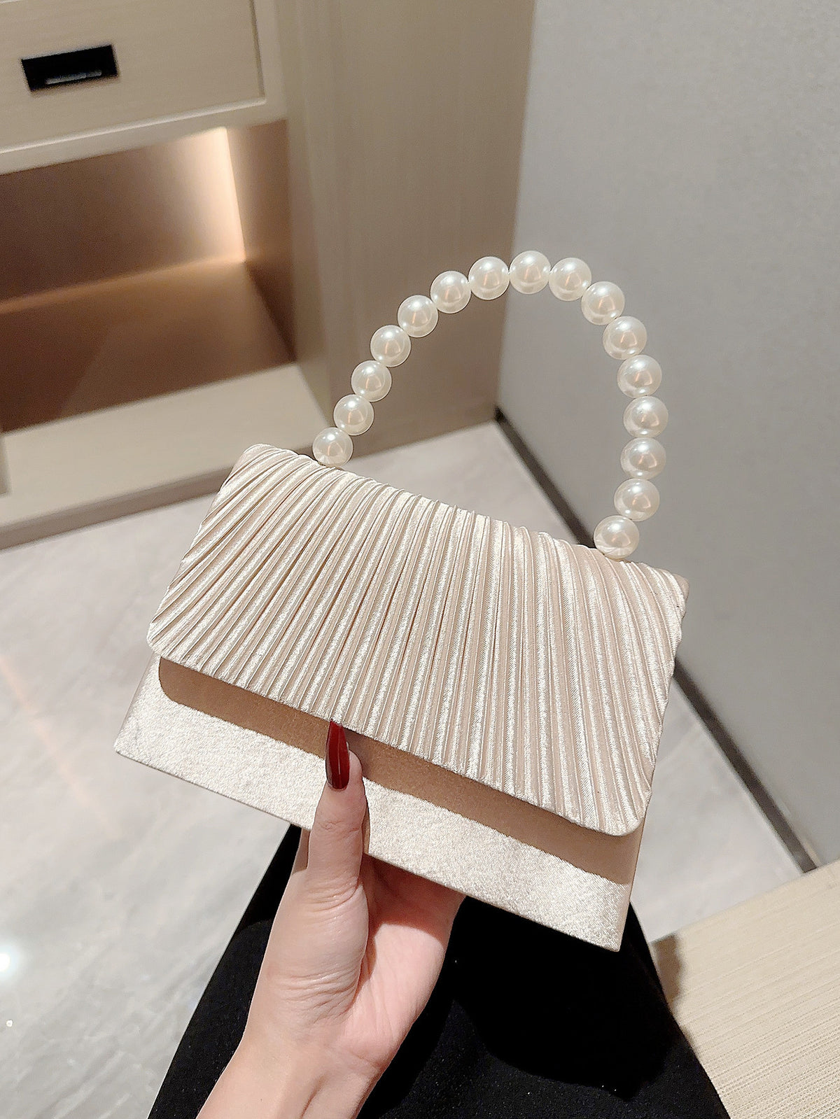 Pearl Handle Pleated Satin Evening Bag - view 2