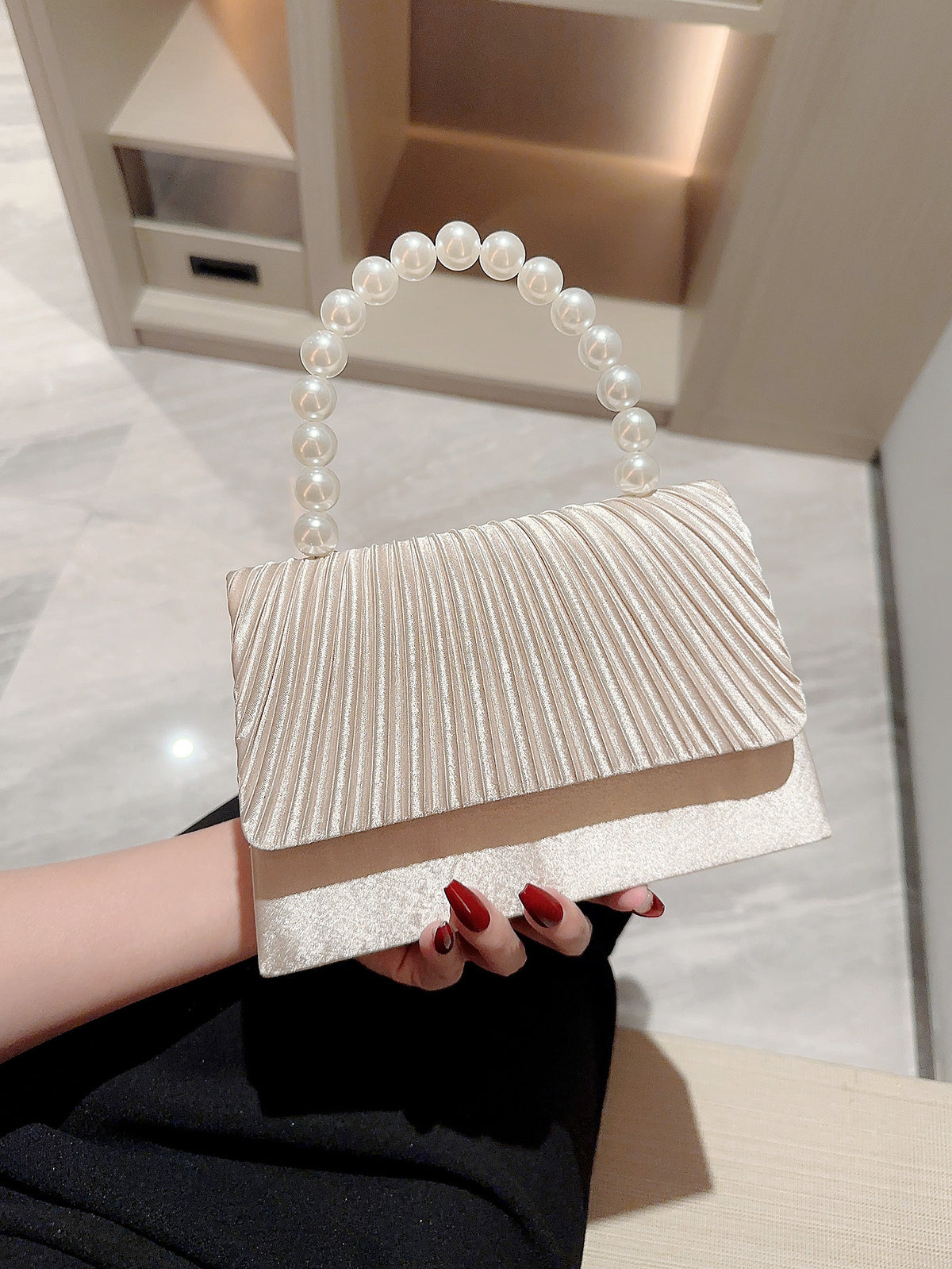 Pearl Handle Pleated Satin Evening Bag - view 3
