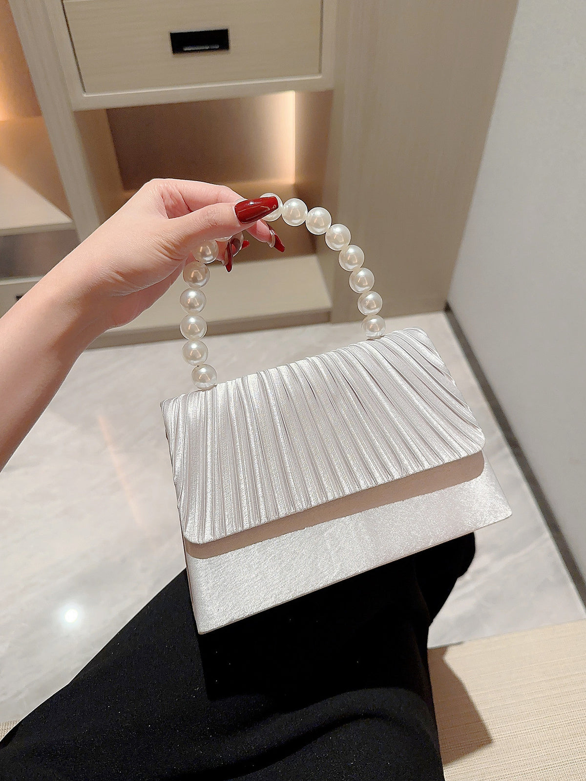 Pearl Handle Pleated Satin Evening Bag - view 4